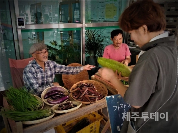 지난달 8일 제주시 연동 농어업인회관 앞에서 열린 농민장터에서 박성인씨가 자신이 재배한 농작물을 판매하고 있다. 장터는 매주 일요일 오후에 열린다. (사진=조수진 기자)