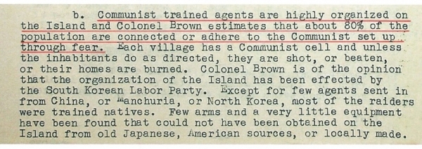 1948년 7월 “제주도민의 80%가 공산주의와 관계되어 있다”는 브라운 대령의 발언이 담긴 미 국무부 문서. (사진=제주4.3평화재단 제공)