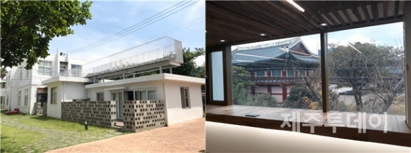 김영수 도서관(왼쪽)과 제주목 관아가 보이는 2층 열람실(오른쪽). (사진=고봉수 제공)