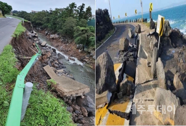 9월 태풍에 파손된 어시천 하천시설(왼쪽)과 연평리 농어촌도로(오른쪽). (사진=제주특별자치도 제공)