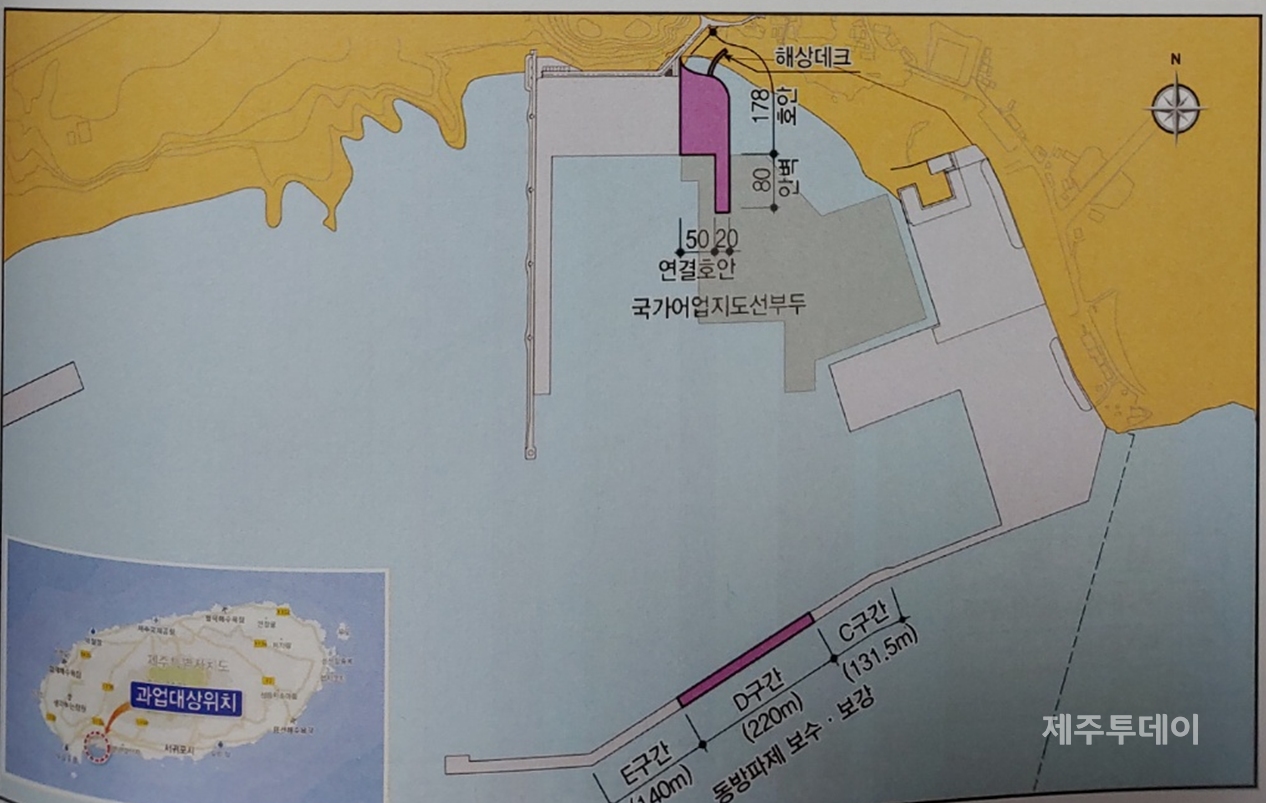 화순항 내 국가어업지도선 부두 건설 도면. 회색 표시는 바닷속 모래와 바위 굴착 및 준설 지역(자료=화순항 2단계 개발사업 환경영향평가서(재협의))(사진=김재훈 기자)