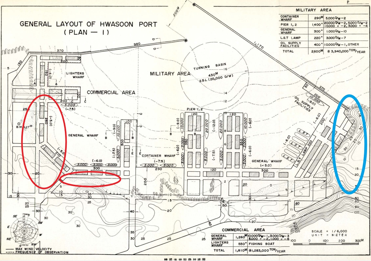 화순항 기본계획보고서 중 플랜1 도면. 파란색 원이 용머리해안, 빨간원이 금모래해변 지역이다.(사진=김재훈 기자)