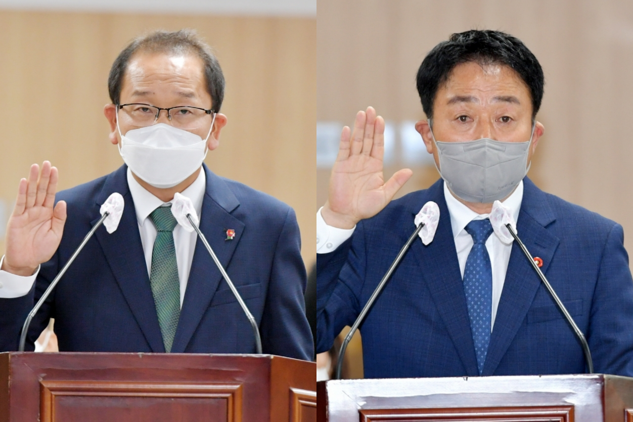 강병삼 제주시장(왼쪽)과 이종우 서귀포시장.(사진=제주도의회 제공) 