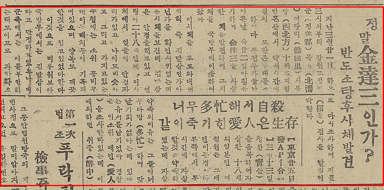 부인신문 1950년 3월26일자 기사. '정말 김달삼인가?' (사진=대한민국신문아카이브)