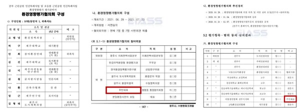 오등봉공원 및 중부공원 민간특례사업 환경영향평가협의회 구성(왼쪽). 광주 쌍령근린공원 도시공원 민간특례사업(가운데)과 진주 장재공원 도시공원 민간특례사업 협의회 구성(오른쪽) 등 타 시.도와 다르게 주민대표가 포함돼 있지 않다. (자료=제주환경운동연합)