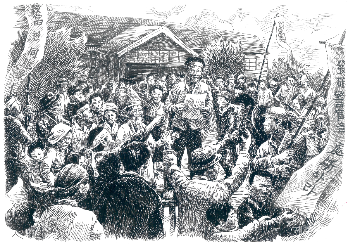 14일 오전 연평국민학교 운동장에서 주민 300여명이 참석한 집회가 열린 가운데 ‘3·1대책위원회’가 꾸려졌다. (그림=김영화 작가)