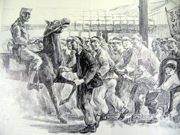 4·3이 발발하게 된 계기가 됐던 3·1절 발포사건 당시 기마경찰이 시위 현장에 있었던 이유가 단순한 시위 통제 목적이 아닌 당시 미 군정장관이 이동하기 위한 길을 트기 위해서였던 것으로 확인됐다. (그림=강요배作)