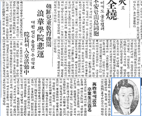 현호경의 부친 현길홍이 상무 겸 원장으로 활동했던 오사카의 민족교육기관 낭화야학원 관련 기사. 동아일보 1930년 11월 8일자. 사진은 현길홍.