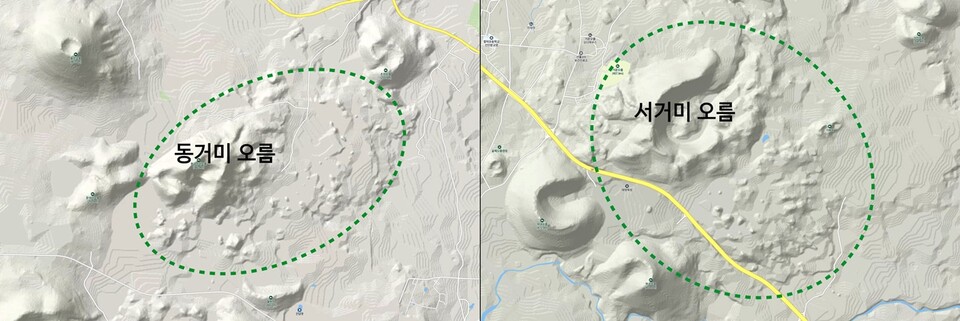 선흘리 ‘서거미오름’(거문오름) 주변은 나무가 많이 자란 상태여서 현재 ‘알오름’을 확인할 수 없습니다. ‘알오름’의 지형 파악을 위해 ‘동거미오름’과 ‘서거미오름’의 지형도를 비교해 볼 필요가 있습니다. 오름 주변에 좁쌀처럼 돋은 것들이 ‘알오름’입니다. 과거 ‘서거미오름’ 일대가 국마장이었고, 일제 강점기에도 목장이었습니다. 그 당시 ‘서거미오름’ 주변엔 나무가 없었을 것이고, 풍경은 현재 ‘동거미오름’ 풍경과 비슷했을 겁니다. (이미지= 네이버 지도)