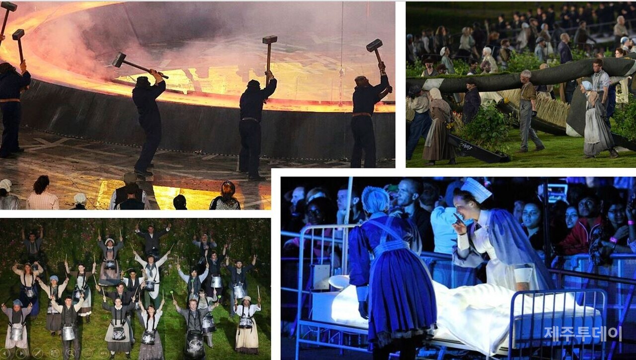 2012년 영국올림픽 개막식. 영국 노동자들 모습을 그리고 있다.  (편집=하종강 교수)