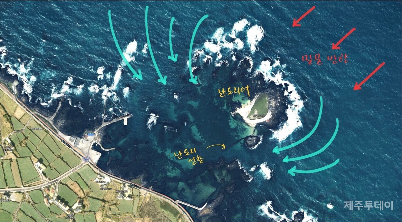 밀물 때의 상황: 밀물과 함께 물고기들이 ‘난도리여’ 안으로 들어옵니다. 밀물이 들어옴에 따라 ‘난도리성창’은 물에 잠기게 되고, 물고기들은 ‘난도리성창’을 넘어 ‘난도리여’ 안으로 들어옵니다. (사진=다음 위성지도 편집)