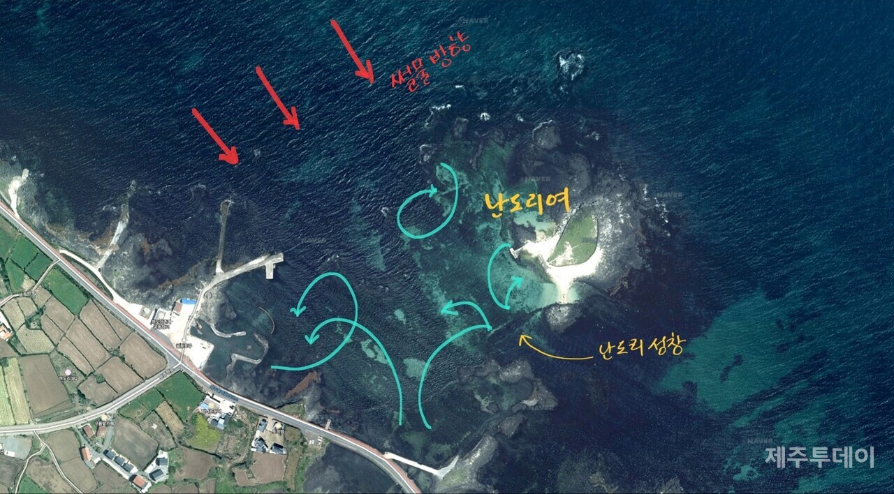 썰물 때의 상황: 물고기들은 썰물에 ‘난도리여’를 빠져나가려 하지만 썰물을 거슬러 ‘난도리여’ 밖으로 빠져나가기 어렵습니다. 썰물에 물이 빠짐에 따라 ‘난도리성창’의 수위가 낮아지고 물고기들의 유일한 탈출구는 막히게 됩니다. 사진에선 썰물이 막 시작될 무렵이라 조류가 약하게 보이지만, 조류의 강도는 밀물보다 썰물이 강합니다. (사진=네이버 위성지도 편집)