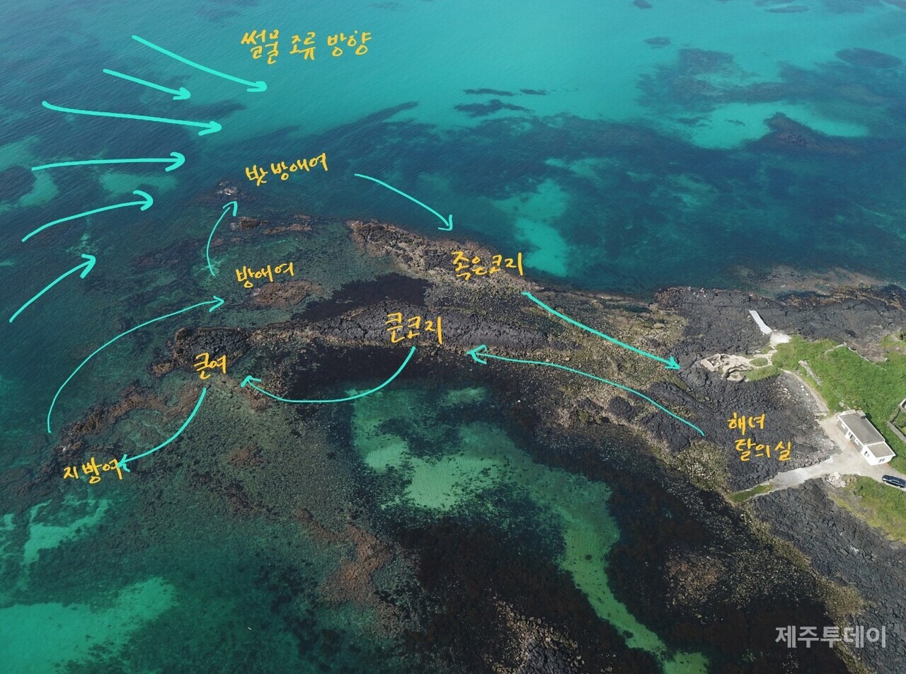 북촌 해녀들은 '큰코지', ‘작은코지’를 합쳐 그냥 ‘코지’라고 하고, 이곳에서의 물질을 ‘코지물질’이라 합니다. 조류가 동으로 흐르는 썰물 때는 큰코지-큰여-지방여-방애여-밧방애여-족은코지 순서으로 물질을 합니다. 밀물 때는 반대로 진행됩니다. (사진=고승욱)