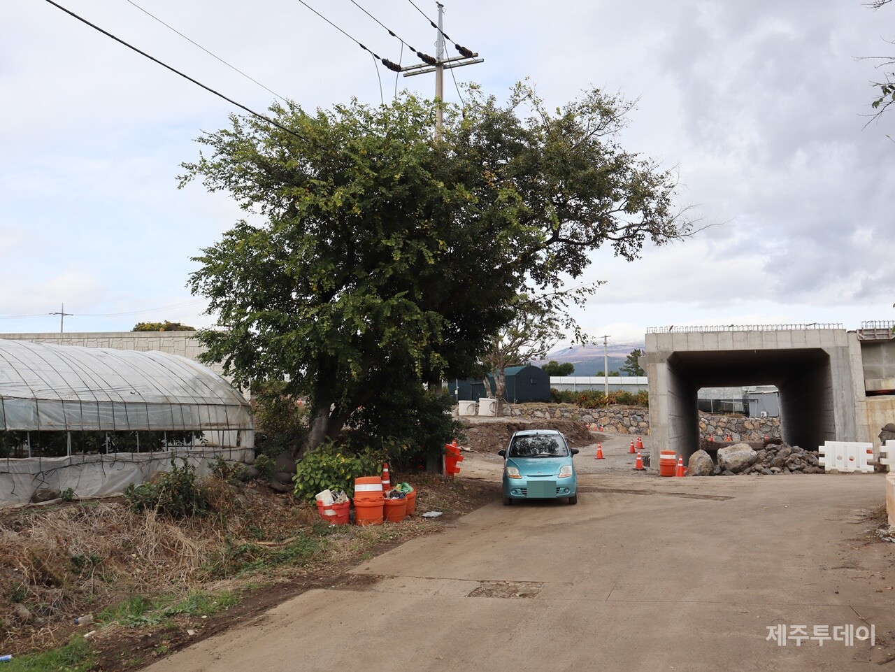 지난해 12월 2일 민군복합형 관광미항(제주해군기지) 진입도로 개설 공사 현장을 찾았다. 오른쪽엔 새로 건설하는 교량 일부가 보인다. 왼쪽 편에 있는 비닐하우스는 모두 묻히게 된다. (사진=박지희 기자)