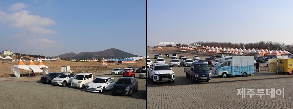 지난 4일 제주들불행사장 일대에 설치된 몽골 텐트 모양의 부스들. (사진=조수진 기자)