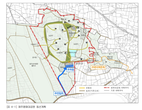 제주도는 제주연구원에 의뢰한 '제주평화대공원 조성사업의 주민수용성 제고방안 마련' 최종보고서를 공개했다. 사진은 제주평화대공원 동선계획. (자료=제주연구원)