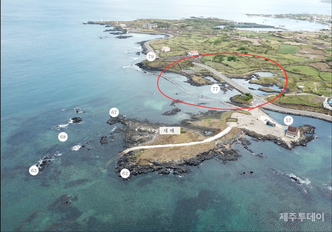 ‘새배’와 ‘엉장매코지’(79) 사이, 너른 갯가에 ‘시칩읫개’(77)가 있습니다. 조천에 석방렴이 여럿 있으나 ‘시칩읫개’는 그 중에서도 목 좋은 곳에 자리하고 있습니다. 규모(빨간 원) 또한 조천 제일이기에 그 당시 ‘시칩’의 위세를 엿볼 수 있습니다. (사진=고승욱)