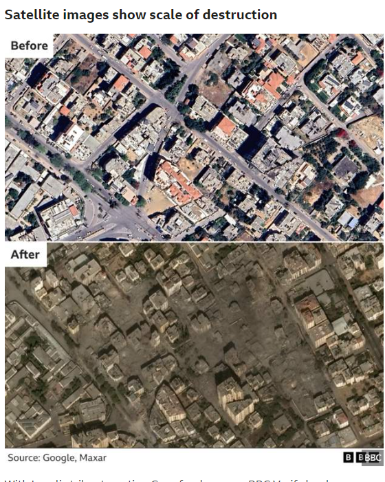지난 9일과 10일 사이 이스라엘 공습으로 인해 파괴된 팔레스타인 가자지구 북부에 위치한 리말(Rimal) 지역을 촬영한 위성 사진. 이곳은 인구 밀집 지역이다. 위는 공습 전 사진, 아래는 공습 후 사진. (사진출처=BBC)