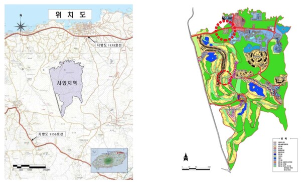 묘산봉관광단지 사업지역 위치도와 토지이용 계획도(사진=김정순 제공)