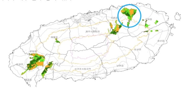 곶자왈분포도(2022, 제주도). 파란원 지역이 거문오름이 만든 곶자오라 지역이다.(사진=김정순 제공)