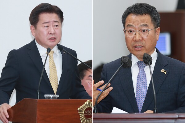 지난 4월 17일 제주도의회 제426회 임시회 제3차 본회의 도정질문. 오영훈 지사와 송창권 의원. (사진=제주도의회 제공)