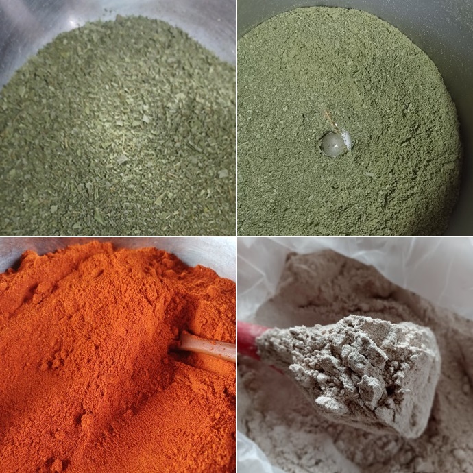 왼쪽 위부터 순서대로 바질 가루, 파슬리 가루, 고춧가루, 흑밀가루. (사진=김연주 제공)