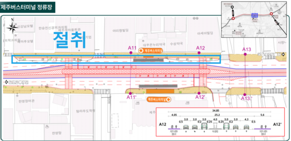 제주버스터미널 인근 인도와 가로수 식수대가 절취될 구역(사진=홍명환 제주도시재생지원센터장 제공)