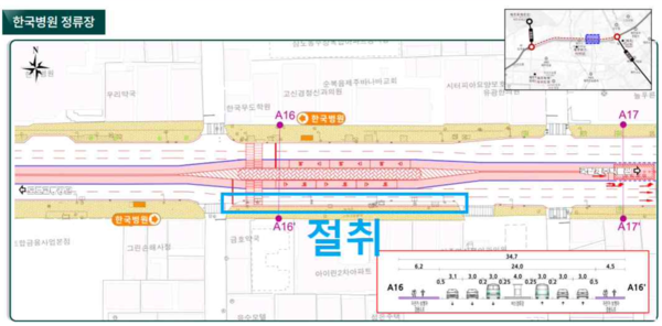 한국병원 인근 인도와 가로수 식수대가 절취될 구역(사진=홍명환 제주도시재생지원센터장 제공)