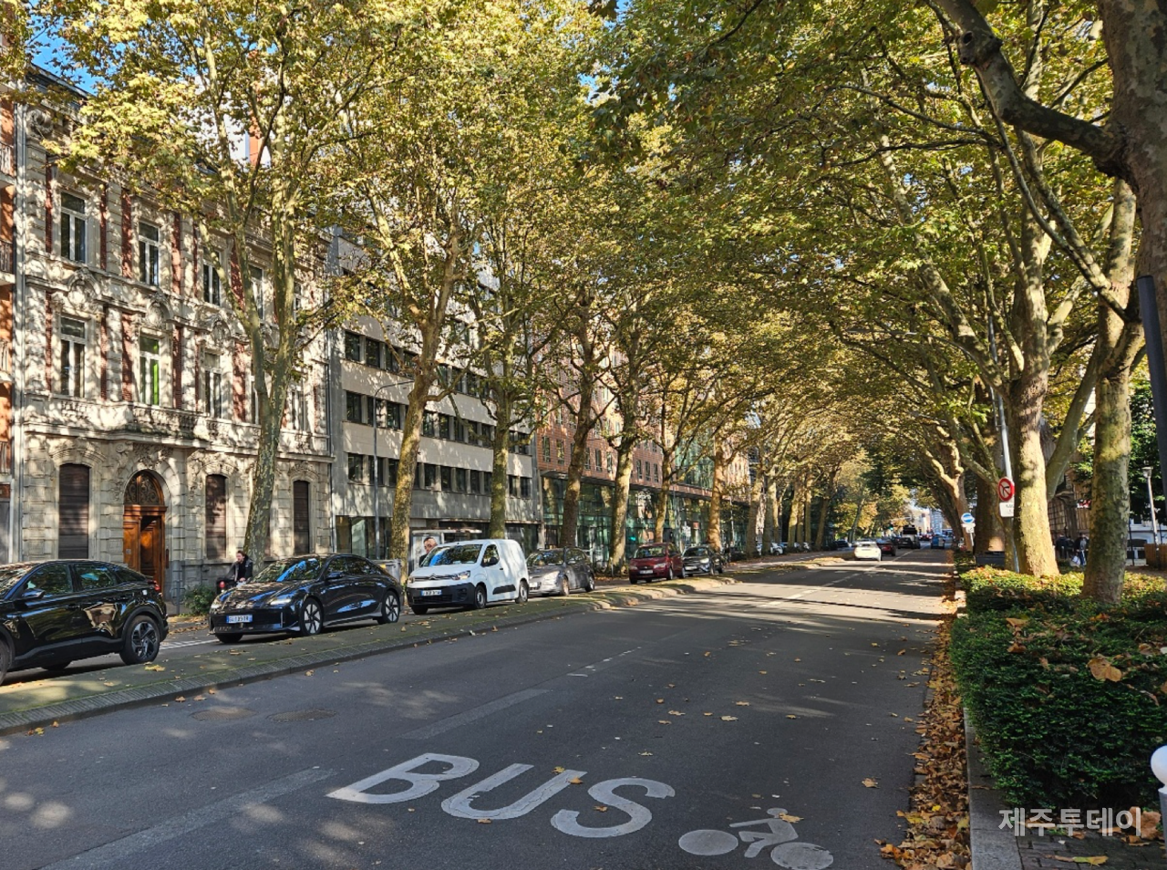 제주도는 자전거 이용활성화 계획을 수정하면서 자전거 전용도로 확충 계획을 대거 축소했다. 사진은 프랑스 릴(lille) 시 주택가의 버스·자전거 전용도로. (사진=김재훈 기자)