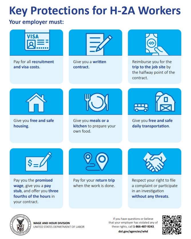 미국의 계절근로자 숙소에는 ‘작업자를 위한 주요 보호사항: 고용주가 수행해야 하는 의무’ 안내 포스터를 법적으로 의무 부착해야 한다. 포스터에는 ‘모든 채용 및 비자 비용 지불’, ‘안전한 주택으로 무료로 제공’, ‘위협없이 불만을 제기하고 조사에 참여할 권리 존중’ 등이 명시돼 있다. (사진=고기복 외국인이주노동운동협의회 운영위원장 제공)
