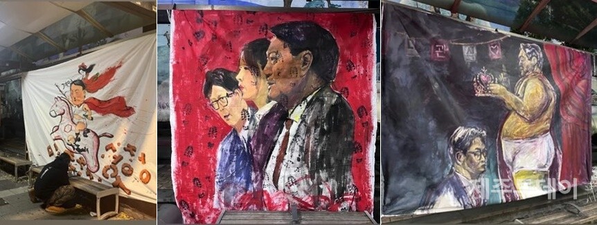 제주시청 인근 버스정류장에 12.3 불법 비상계엄 사태를 주도하거나 이에 동조한 정치인들을 풍자한 그림이 전시돼 있다. (사진=김승민 작가 SNS 계정)