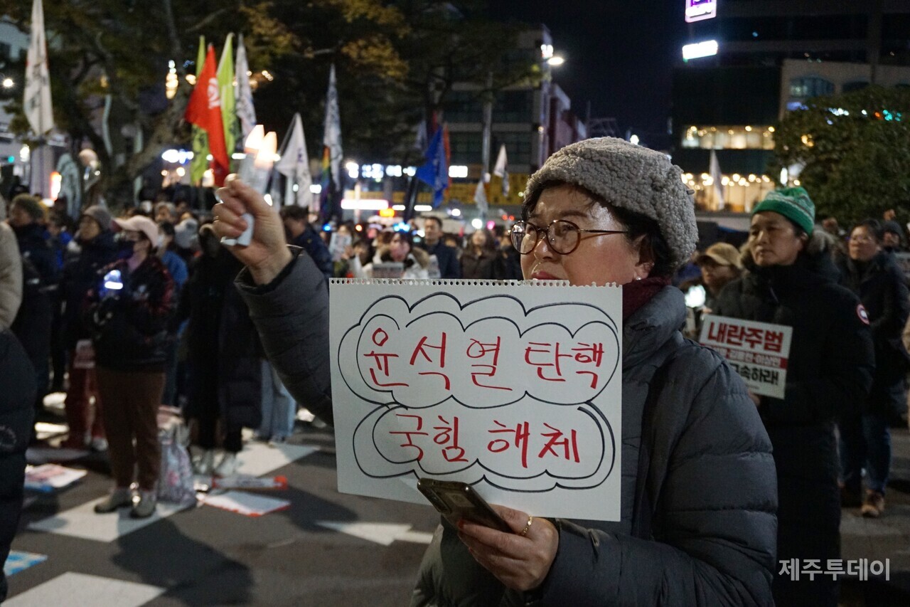 10일 열린 윤석열 즉각 퇴진 요구 제주도민대회에서 참가자가 직접 만든 피켓을 들고 있다. (사진=양유리 기자)