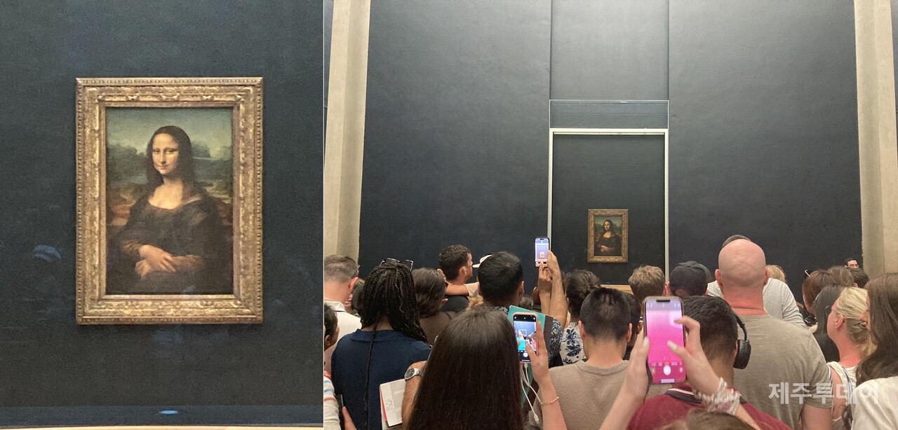 프랑스 파리 루브르박물관에 전시된 레오나르도 다 빈치 작품 모나리자 앞에 많은 사람들이 몰려 있다. 왼쪽은 작품 모나리자, 오른쪽은 작품 앞으로 몰려든 관람객. 2024년 5월30일 촬영. (사진=이영권)