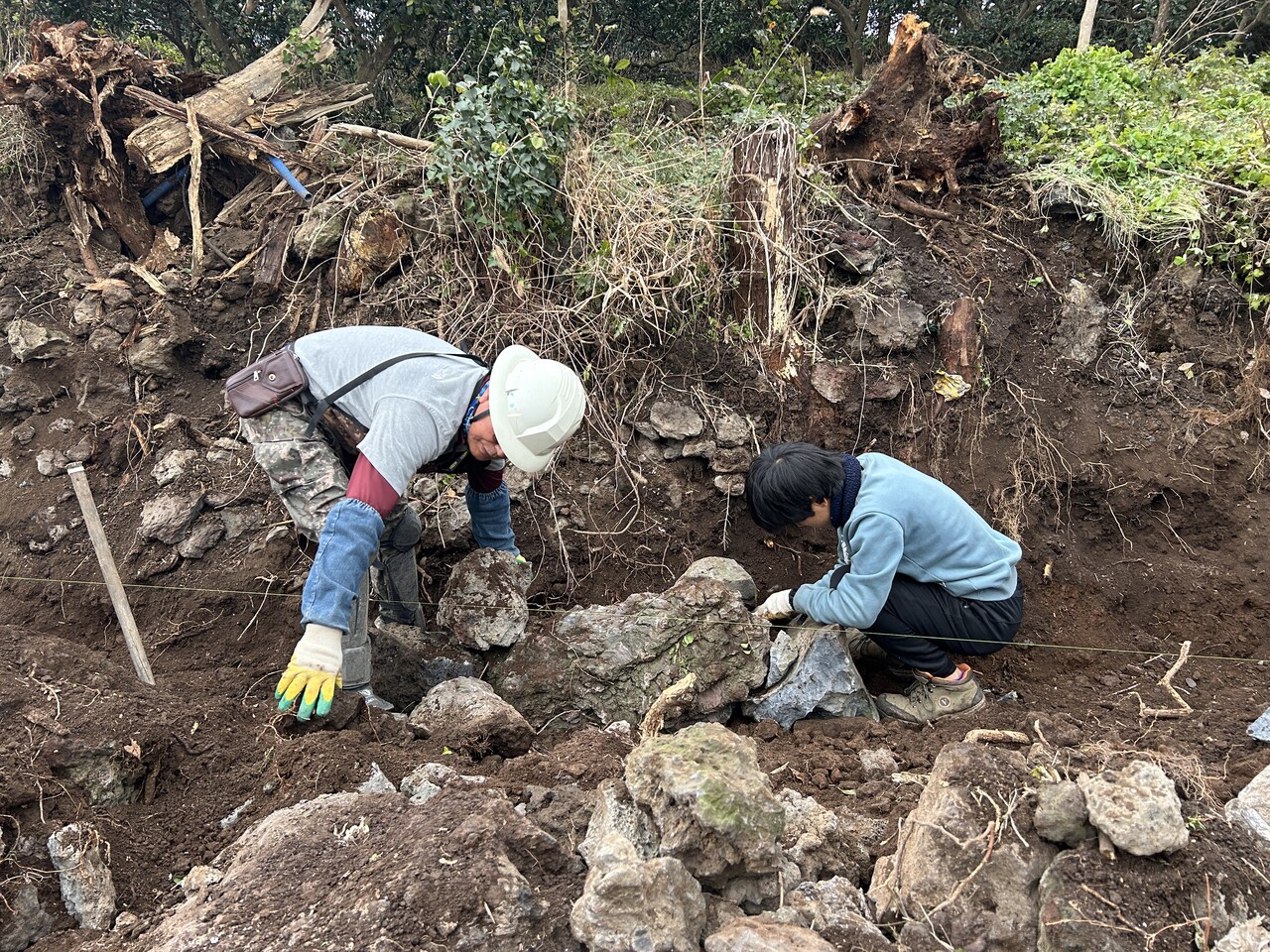 전문 돌챙이와 볍씨학교 학생들이 돌담을 쌓는 작업을 하는 모습. (사진=천유섭 제공)